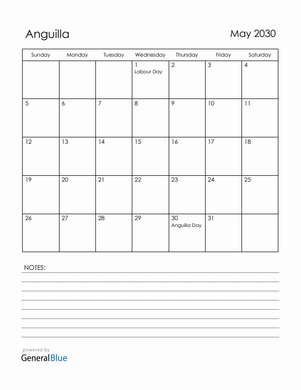 May 2030 Anguilla Calendar with Holidays (Sunday Start)