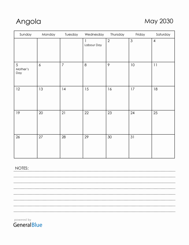 May 2030 Angola Calendar with Holidays (Sunday Start)
