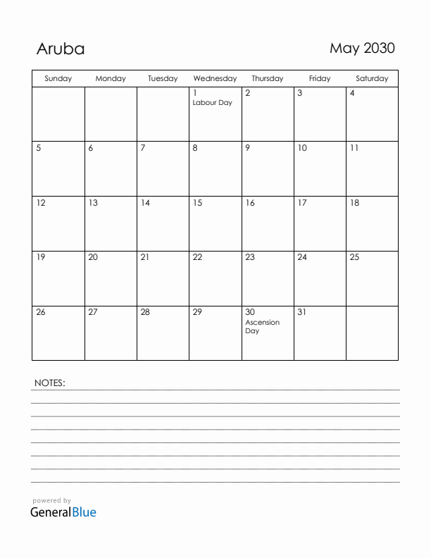 May 2030 Aruba Calendar with Holidays (Sunday Start)