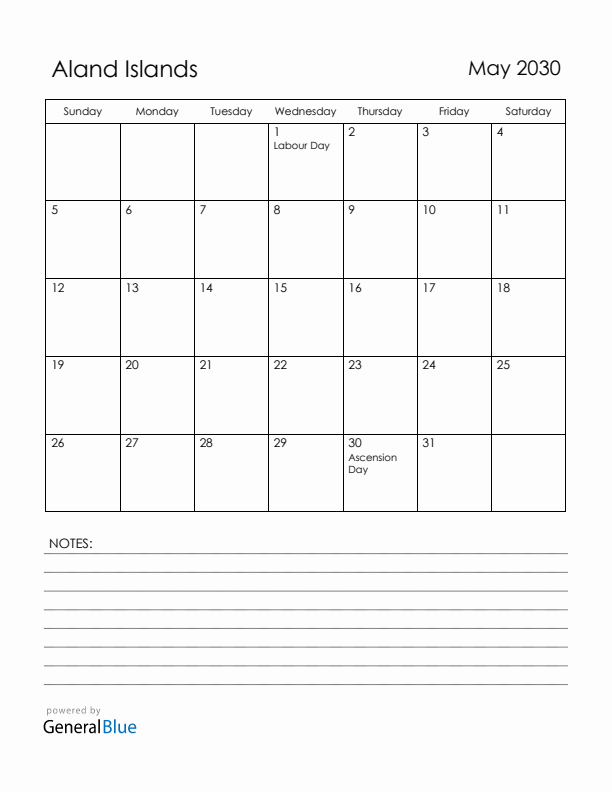 May 2030 Aland Islands Calendar with Holidays (Sunday Start)