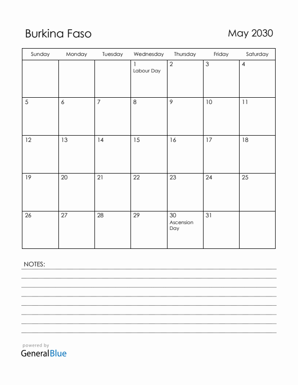 May 2030 Burkina Faso Calendar with Holidays (Sunday Start)