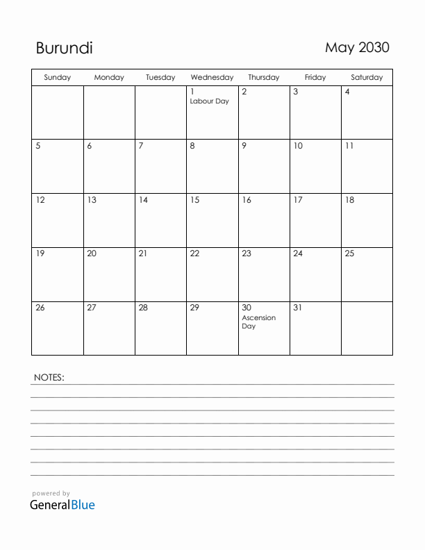May 2030 Burundi Calendar with Holidays (Sunday Start)