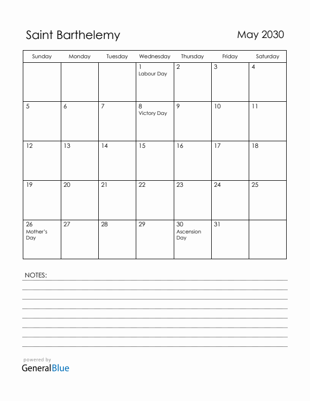 May 2030 Saint Barthelemy Calendar with Holidays (Sunday Start)