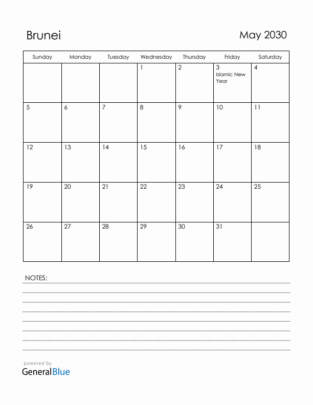 May 2030 Brunei Calendar with Holidays (Sunday Start)