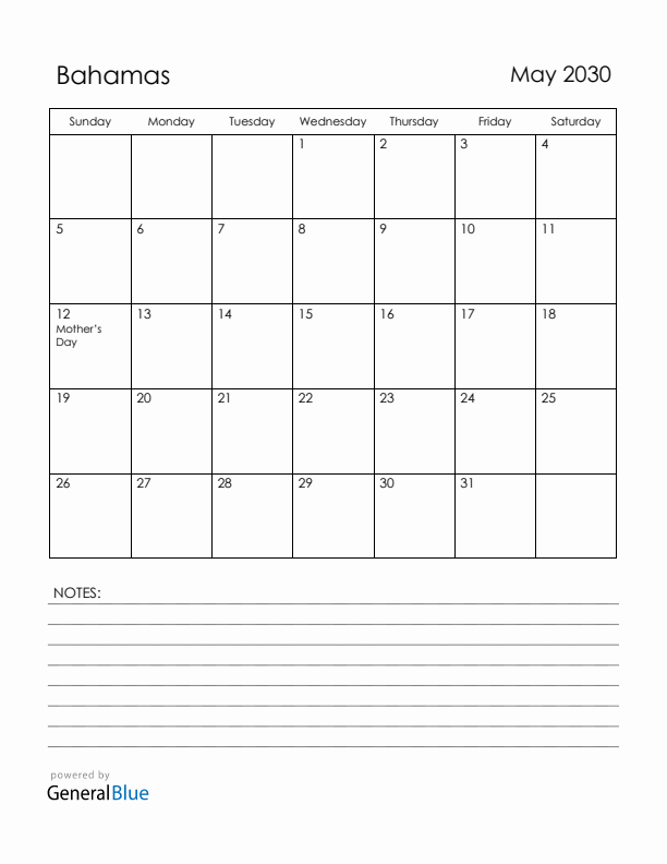 May 2030 Bahamas Calendar with Holidays (Sunday Start)