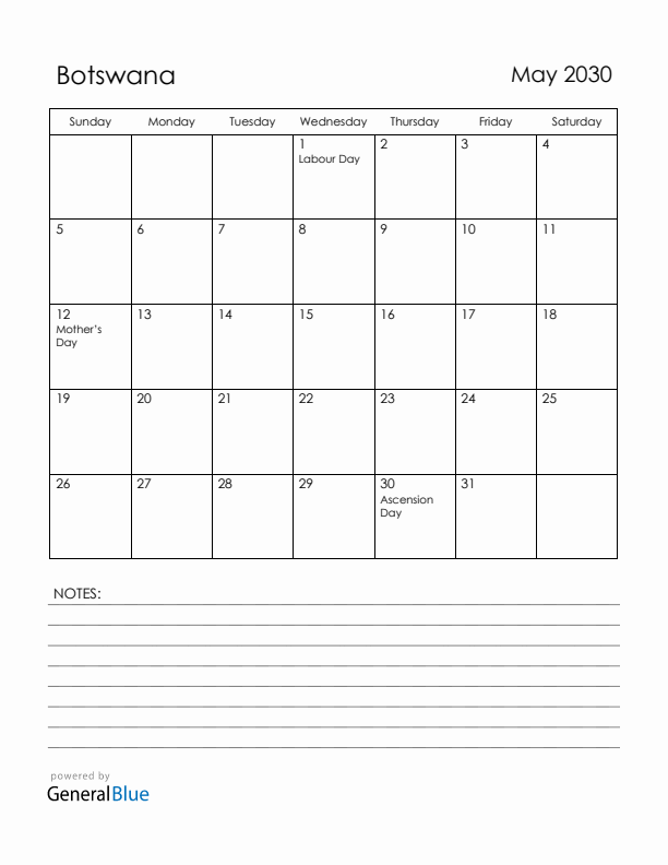 May 2030 Botswana Calendar with Holidays (Sunday Start)