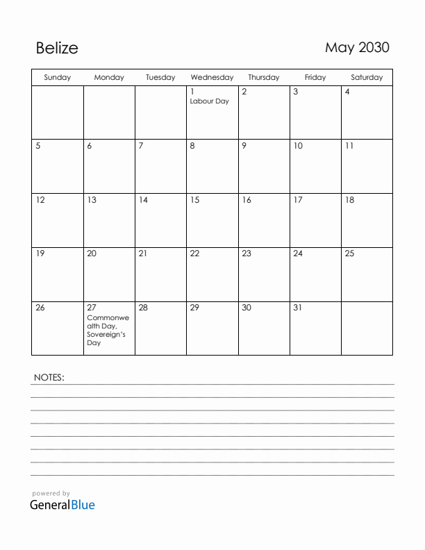 May 2030 Belize Calendar with Holidays (Sunday Start)