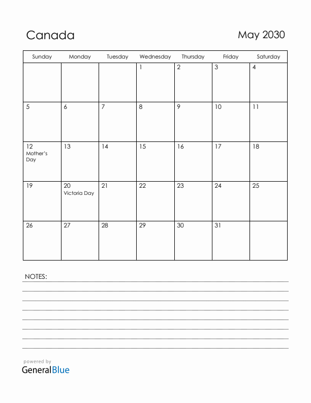 May 2030 Canada Calendar with Holidays (Sunday Start)