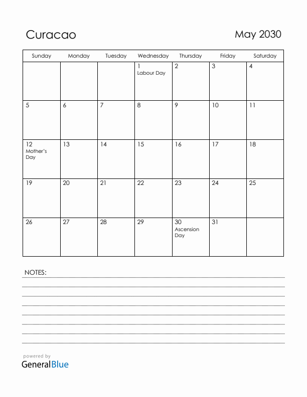 May 2030 Curacao Calendar with Holidays (Sunday Start)