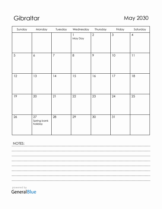 May 2030 Gibraltar Calendar with Holidays (Sunday Start)