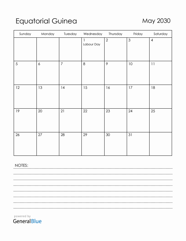 May 2030 Equatorial Guinea Calendar with Holidays (Sunday Start)