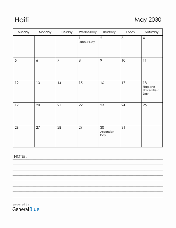 May 2030 Haiti Calendar with Holidays (Sunday Start)