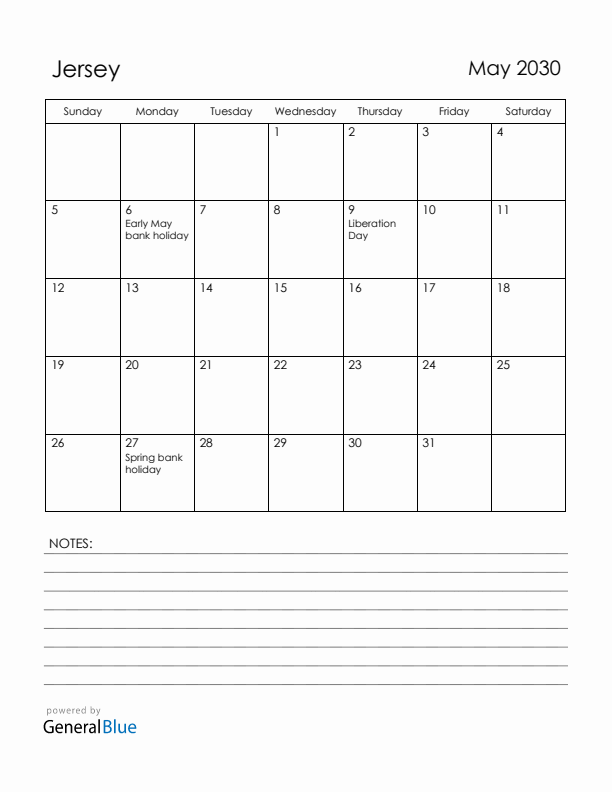 May 2030 Jersey Calendar with Holidays (Sunday Start)