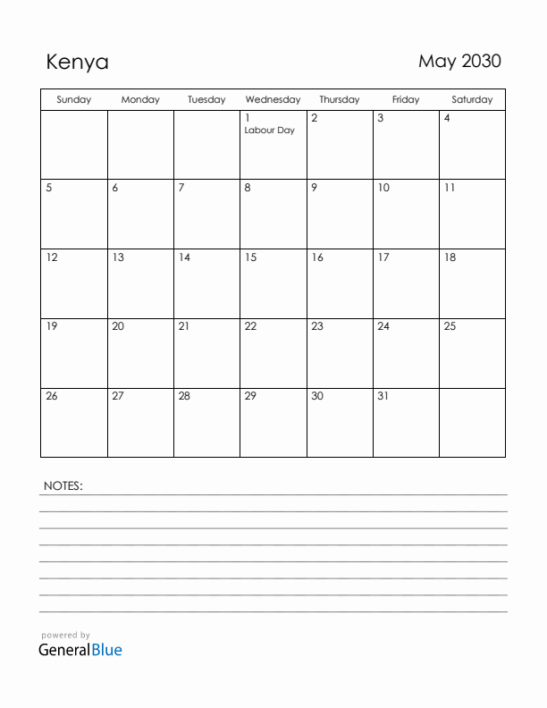 May 2030 Kenya Calendar with Holidays (Sunday Start)
