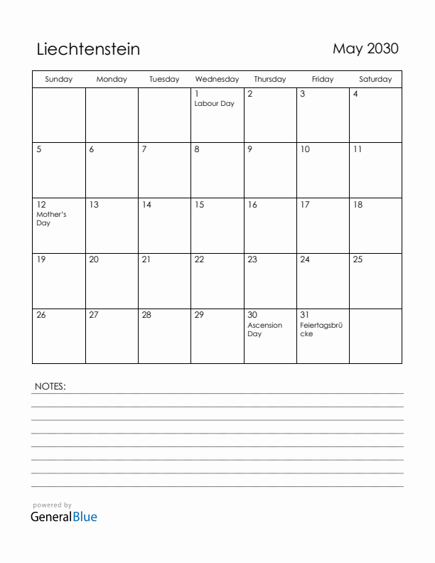 May 2030 Liechtenstein Calendar with Holidays (Sunday Start)