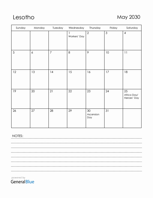 May 2030 Lesotho Calendar with Holidays (Sunday Start)