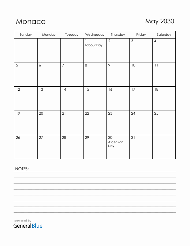 May 2030 Monaco Calendar with Holidays (Sunday Start)