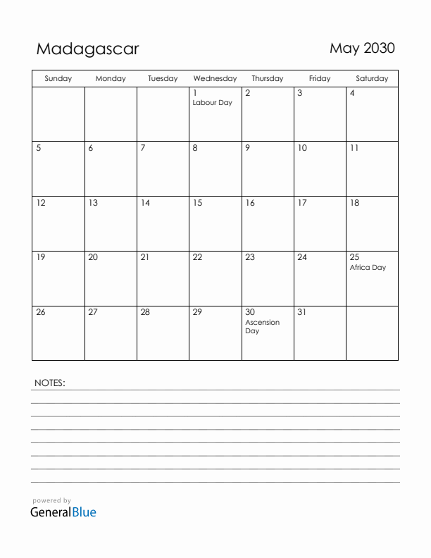 May 2030 Madagascar Calendar with Holidays (Sunday Start)