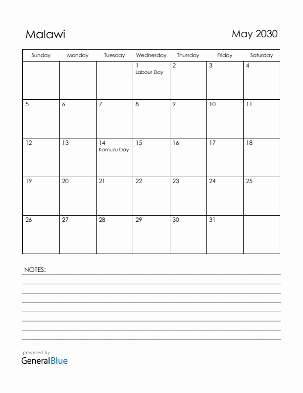May 2030 Malawi Calendar with Holidays (Sunday Start)