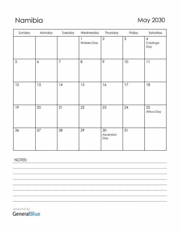 May 2030 Namibia Calendar with Holidays (Sunday Start)
