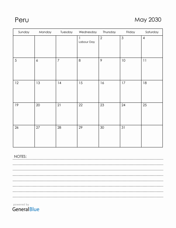 May 2030 Peru Calendar with Holidays (Sunday Start)