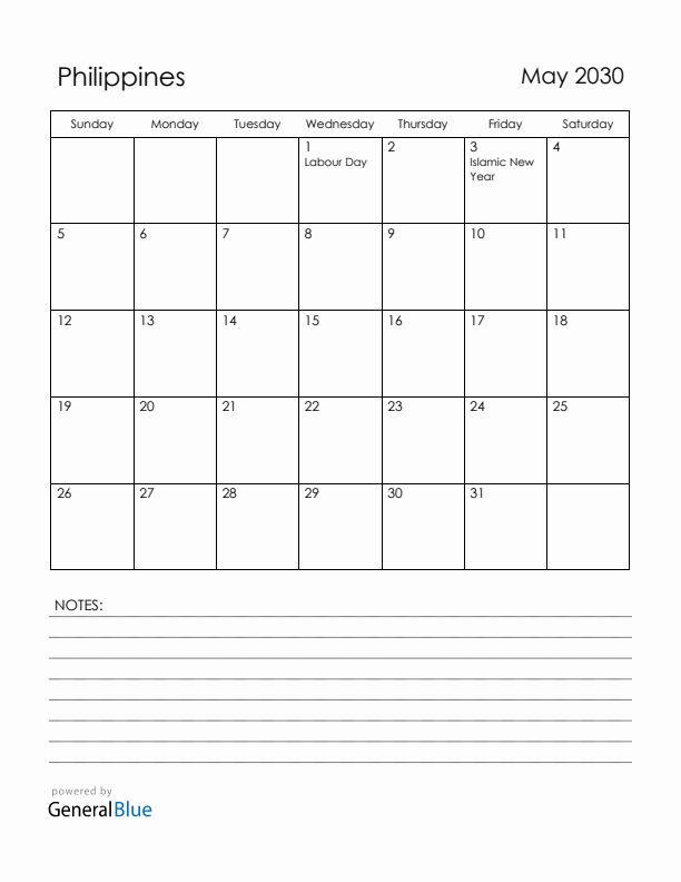 May 2030 Philippines Calendar with Holidays (Sunday Start)