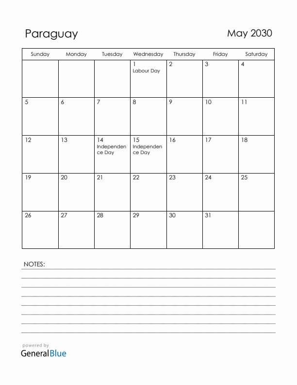 May 2030 Paraguay Calendar with Holidays (Sunday Start)