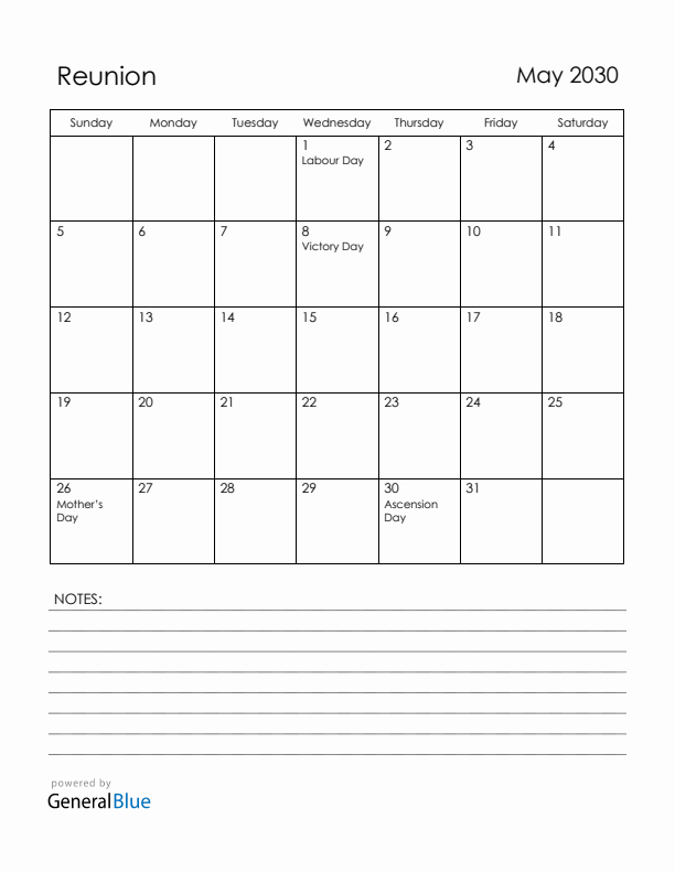 May 2030 Reunion Calendar with Holidays (Sunday Start)