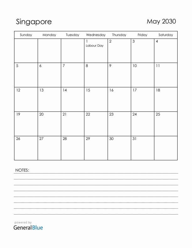 May 2030 Singapore Calendar with Holidays (Sunday Start)