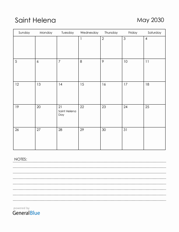 May 2030 Saint Helena Calendar with Holidays (Sunday Start)