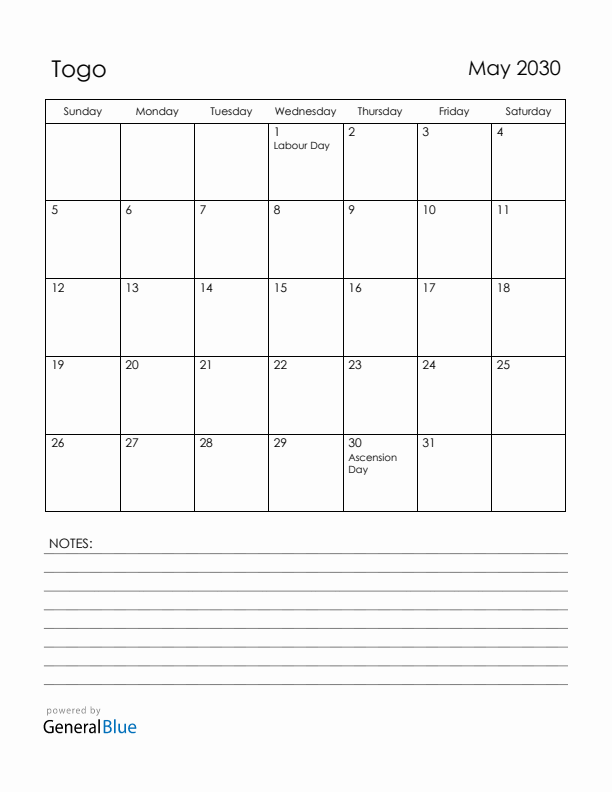 May 2030 Togo Calendar with Holidays (Sunday Start)