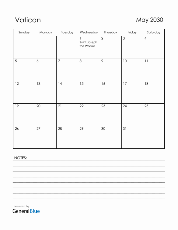 May 2030 Vatican Calendar with Holidays (Sunday Start)