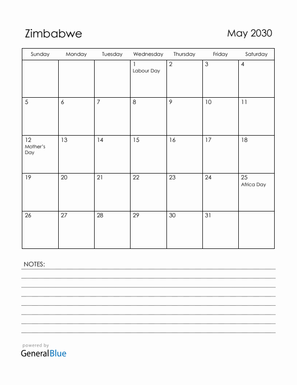 May 2030 Zimbabwe Calendar with Holidays (Sunday Start)