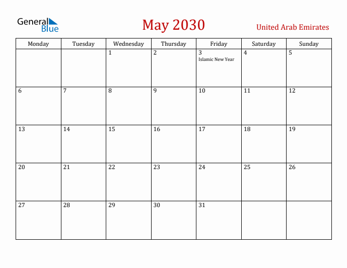United Arab Emirates May 2030 Calendar - Monday Start