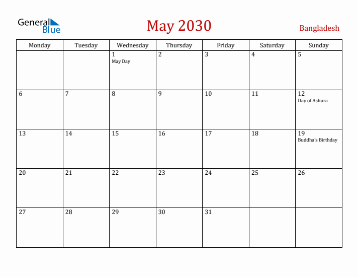 Bangladesh May 2030 Calendar - Monday Start