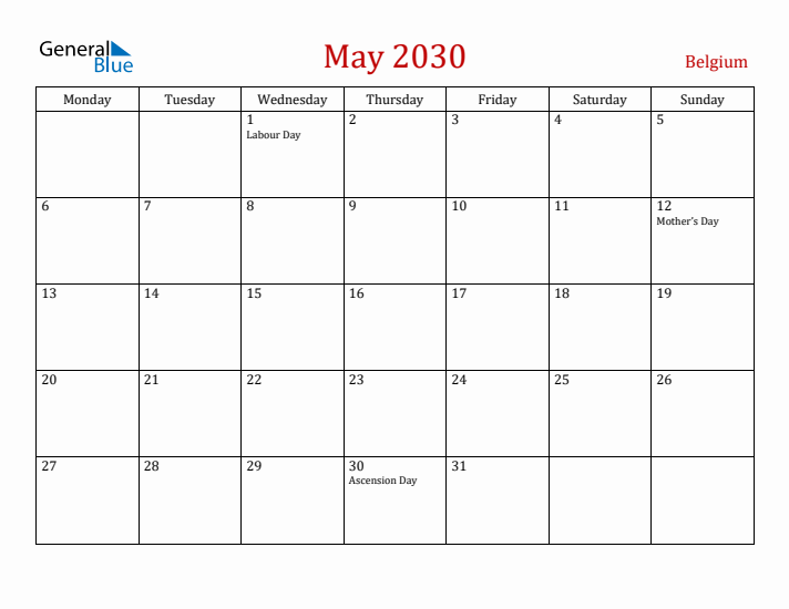 Belgium May 2030 Calendar - Monday Start