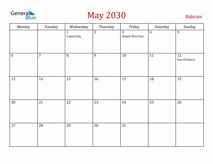 Bahrain May 2030 Calendar - Monday Start