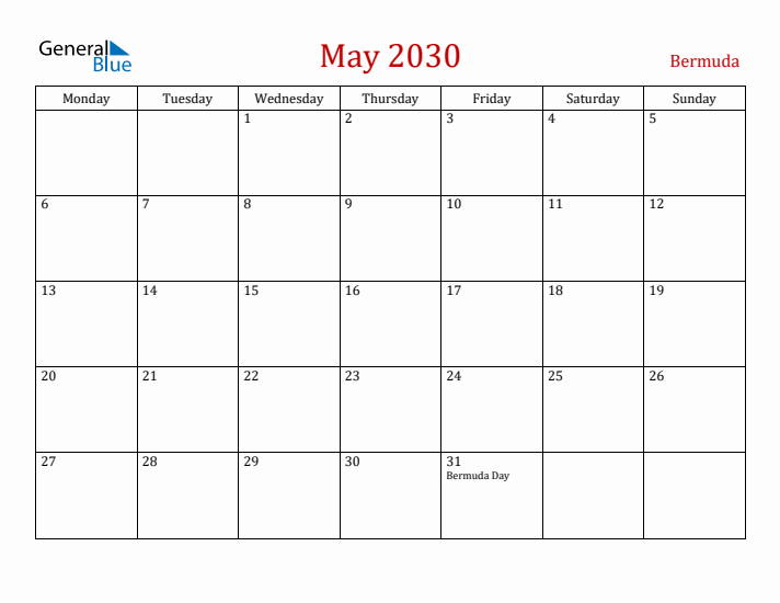 Bermuda May 2030 Calendar - Monday Start