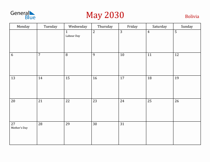 Bolivia May 2030 Calendar - Monday Start