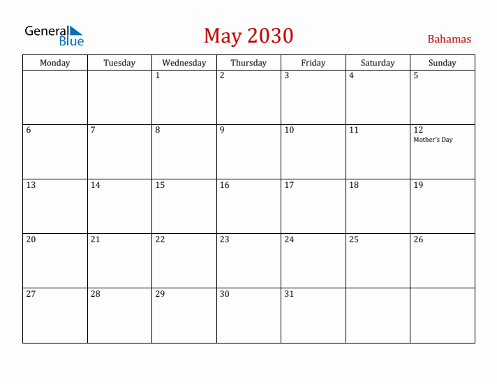 Bahamas May 2030 Calendar - Monday Start