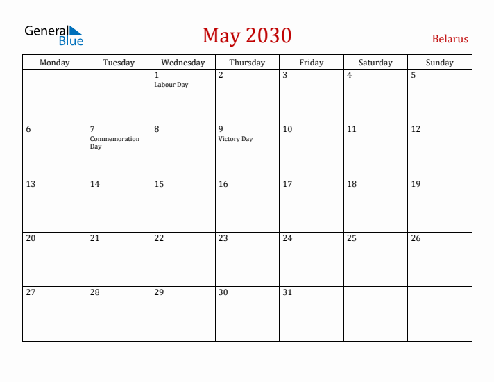 Belarus May 2030 Calendar - Monday Start