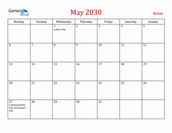 Belize May 2030 Calendar - Monday Start