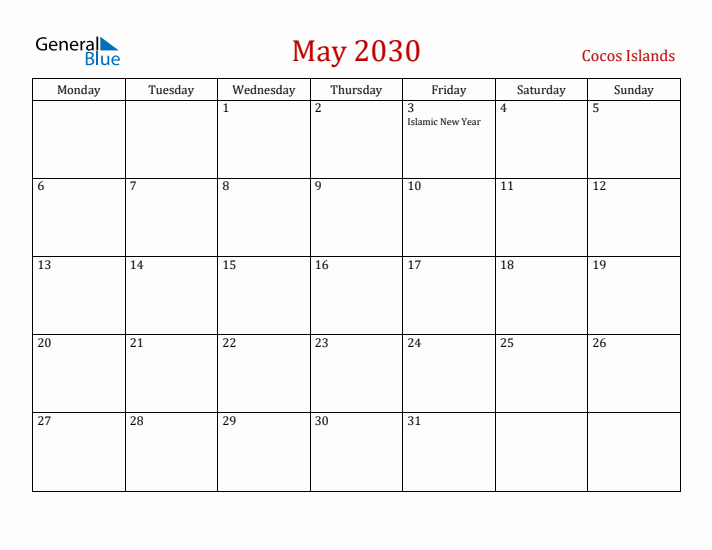Cocos Islands May 2030 Calendar - Monday Start