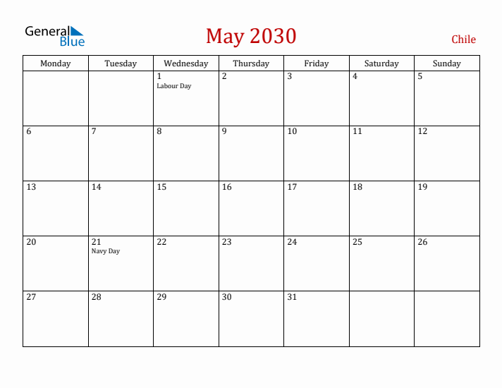 Chile May 2030 Calendar - Monday Start