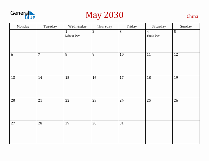 China May 2030 Calendar - Monday Start