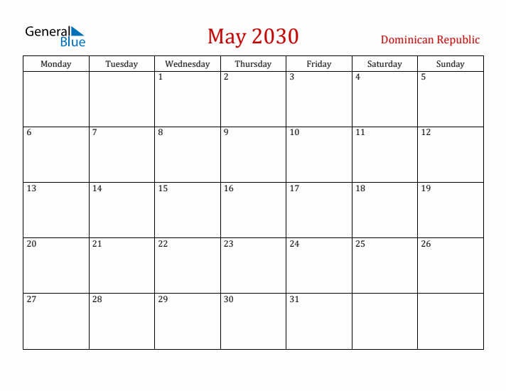 Dominican Republic May 2030 Calendar - Monday Start