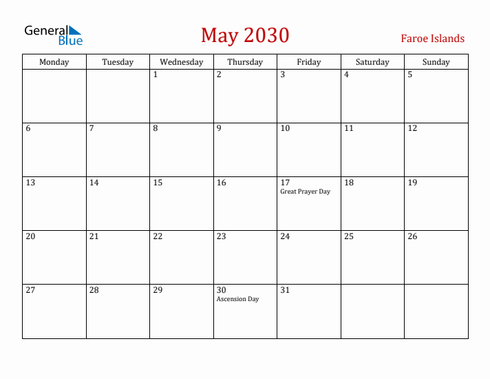 Faroe Islands May 2030 Calendar - Monday Start