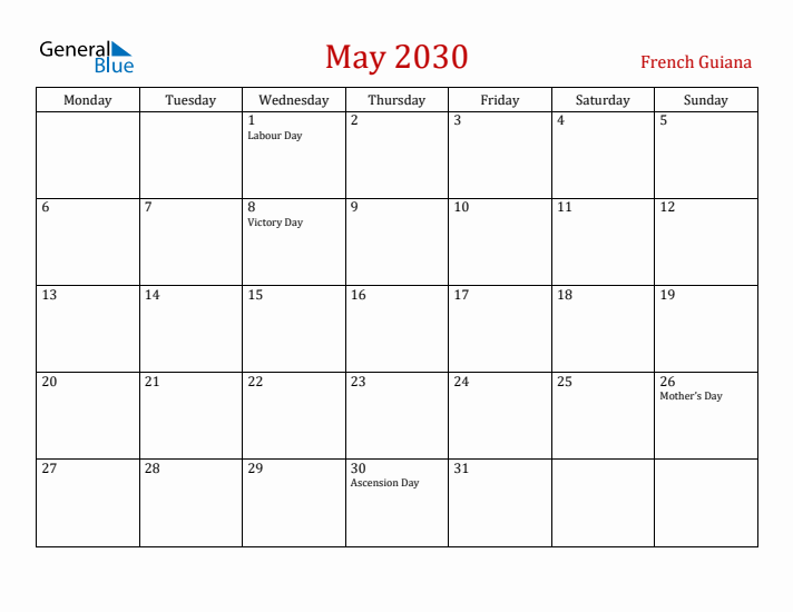 French Guiana May 2030 Calendar - Monday Start