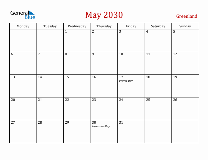 Greenland May 2030 Calendar - Monday Start