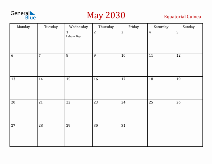 Equatorial Guinea May 2030 Calendar - Monday Start